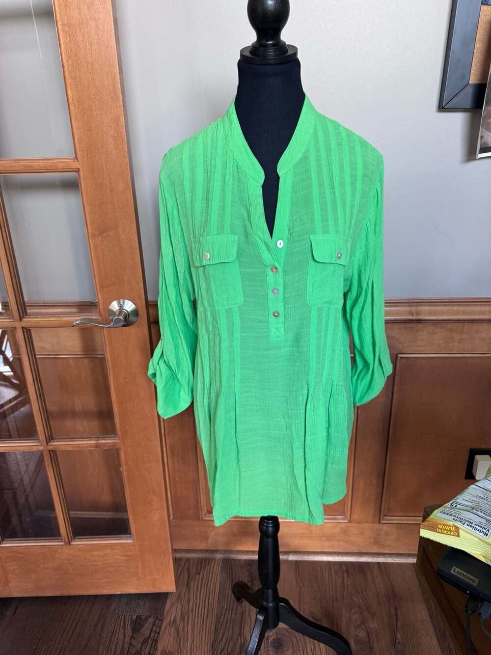 Ruby Rd. Women's Green Striped Button Front Roll Tab Sleeve Tunic Top Size L